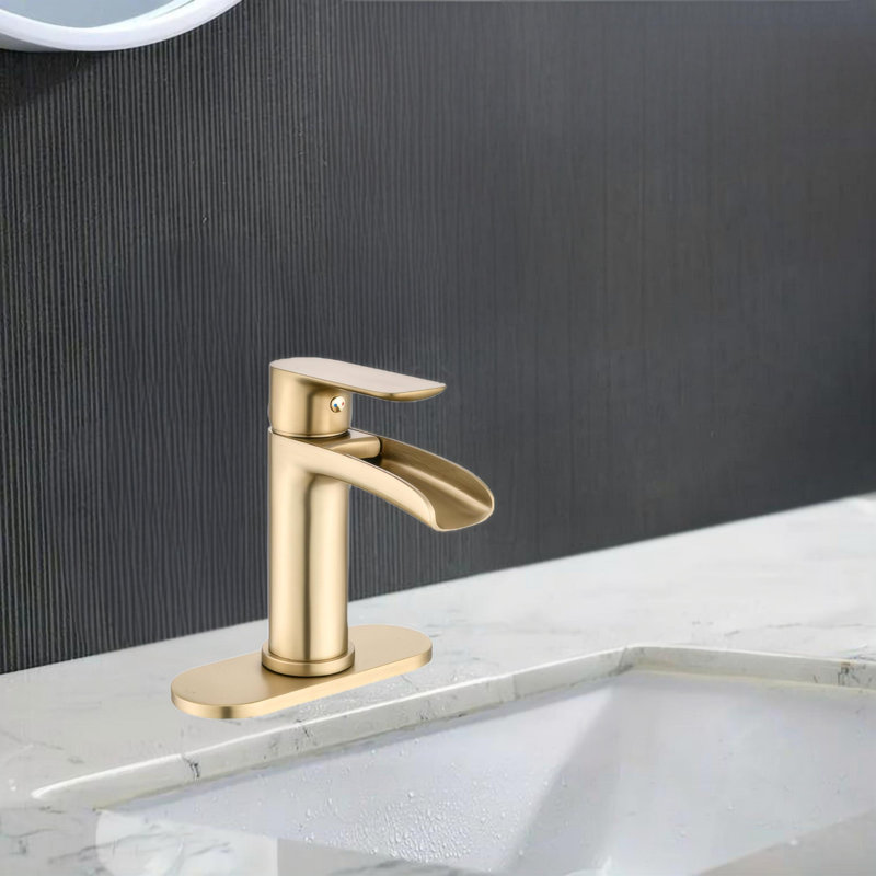 Waterfall Single Handle Bathroom Sink Faucets With Pop Up Drain, Brushed Gold
