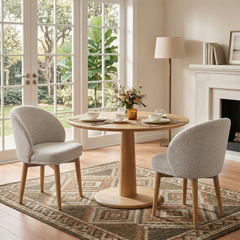 Upholstered Barrel Dining Chair With Solid Wood Legs, Beige/Nature
