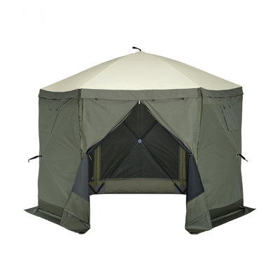 Pop Up Gazebo Tent, Pop-Up Screen Tent 6 Sided Canopy Sun Shelter with 6 Removable Privacy Wind Cloths & Mesh Windows, Quick Set Screen Tent with Mosquito Netting, Army Green