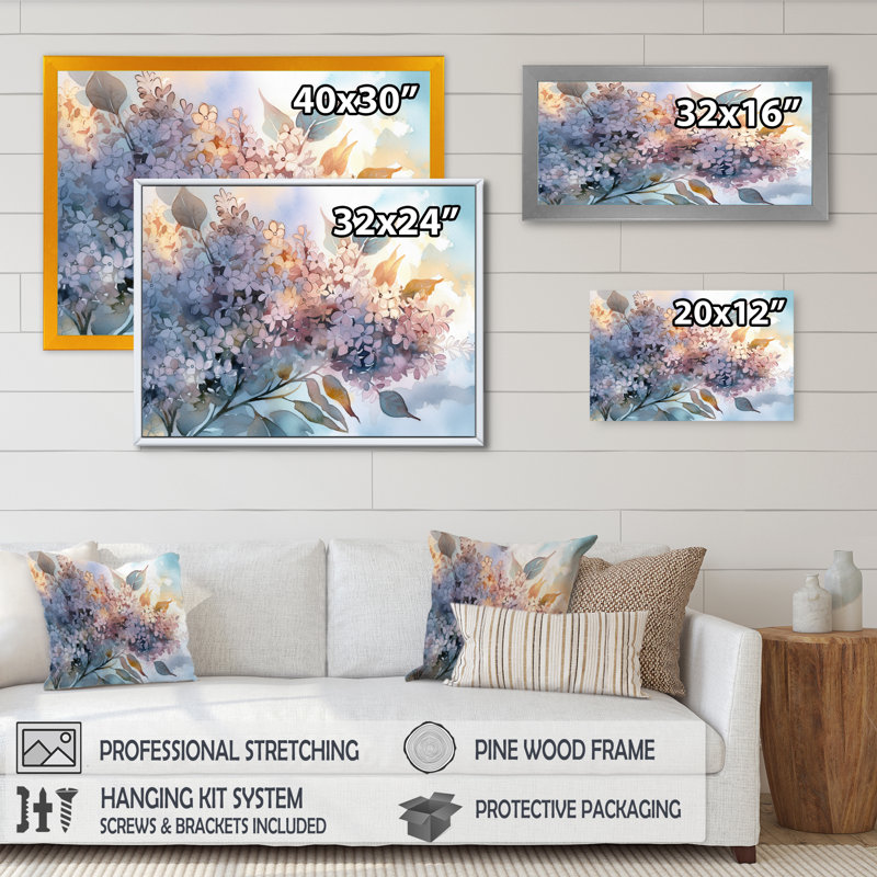 Lilas mauves aromathérapie - Lilas, art mural, H 30 po x l 40 po x P 1,5 po, Cadre flottant érable