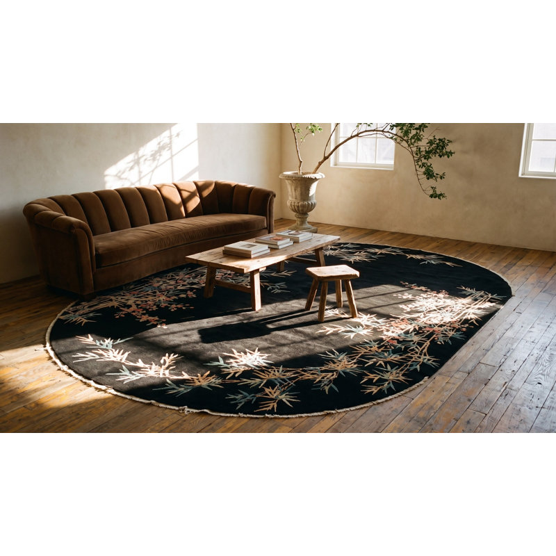 Lush Wool Pile Antique Chinese Art Deco Black Color Oval Shape Rug