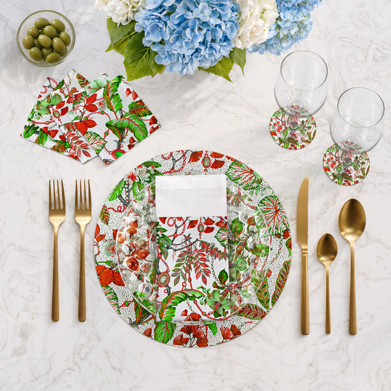 Plumeria Round Beaded Smooth Placemat, Red Green