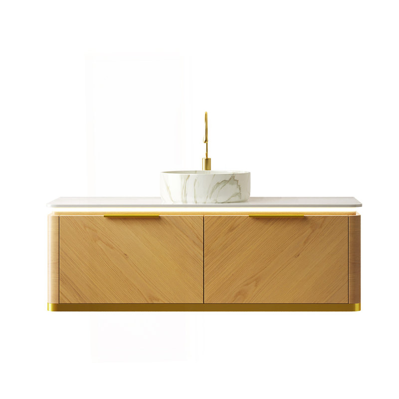 Meuble-lavabo de 48 po avec lavabo en contreplaqué flottant avec 2 tiroirs, capteur de lumière, vasque en céramique blanche à motif de pierre et plateau en pierre frittée, pré-assemblé, couleur grain de bois de chêne Corolla