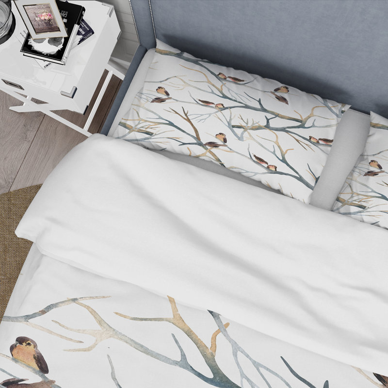 Little Birds On The Tree Branches I - Traditional Duvet Cover Set - Microfiber Polyester