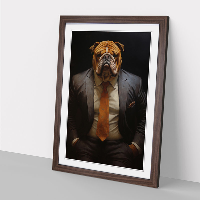 British Bulldog in a Suit Painting - Framed Print, 34cm H x 25cm W x 2cm D, Walnut Framed