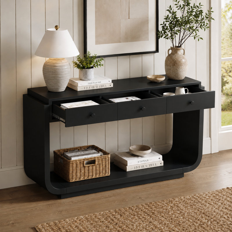 Console courbée Velmori de 55 po avec 3 tiroirs et tablette ouverte, Noir