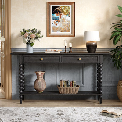 Liora Retro Console Table With 2 Drawers, Shelf, And Spherical Column Legs