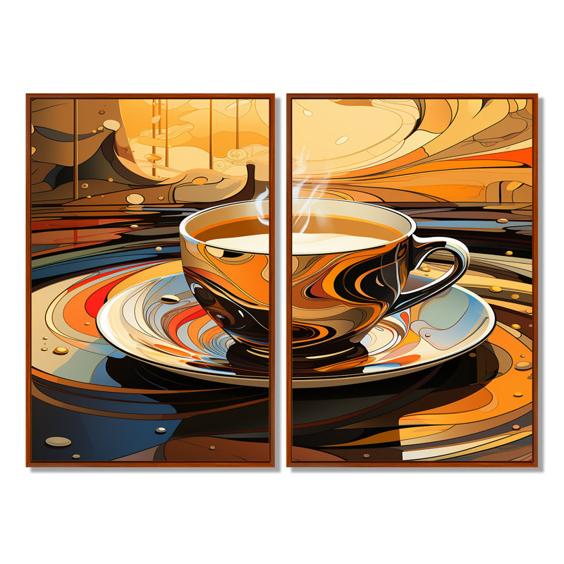 «Yellow Steaming Coffee Brew» - art mural jaune, Brun, H 36 po x l 48 po, Reproduction encadrée sans passe-partout