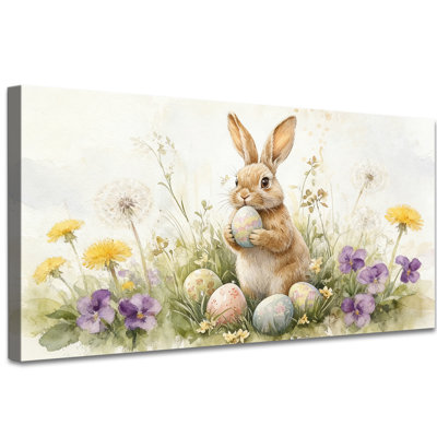 Lapin de Pâques, reproduction d'art sur toile, lapin mignon avec des œufs de Pâques et des impressions de pastel floral printanier