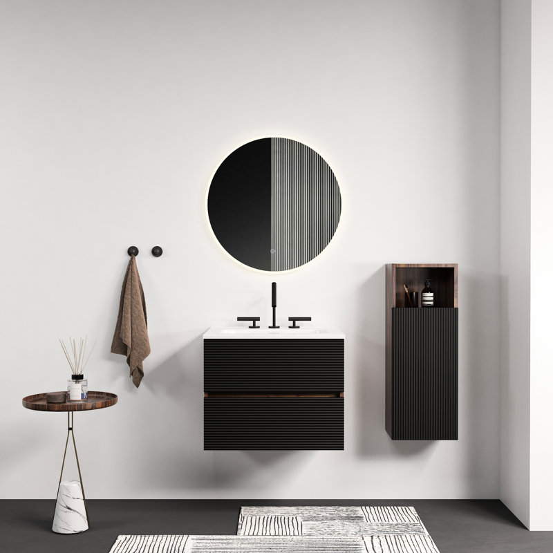 Meuble-lavabo mural noir et noyer avec lavabo en céramique à 3 trous, grands tiroirs de rangement, glissières de fermeture, ensemble de montage pour salle de bain