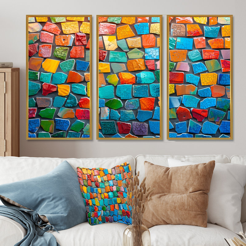 Alexei - Ensemble d'art mural mosaïque Boho, Toile avec cadre flottant or, H 32 po x l 48 po x P 1 po