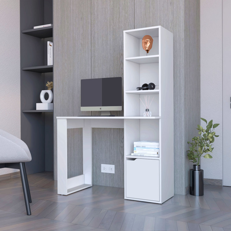 Bureau d'ordinateur avec armoire à une porte et tablette à 4 niveaux, Blanc