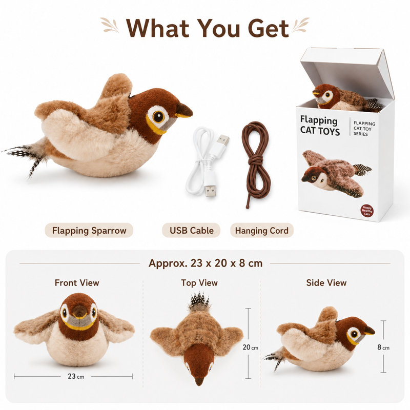 Jouet pour chat à ailes battantes - moineau rechargeable interactif avec sons de gazouillis, activé par le mouvement, 3 modes, pochette en peluche, peluche lavable pour chats d'intérieur (9,5 pouces)