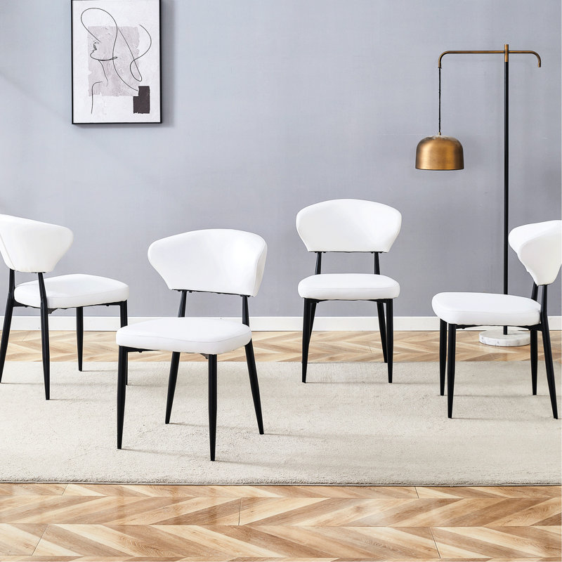 Chaises de salle à manger blanches et minimalistes ergonomiques (4) - Siège confortable avec dossier incurvé, cuir synthétique, fabrication en métal, siège coulissant, dossier, structure, pieds, installation simple