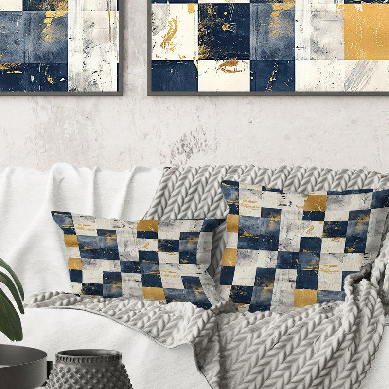 Coussin Mid-Century Gingham I - Mid-Century Blue Gold, H 18 po x l 18 po