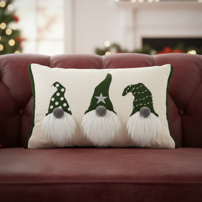 Coussin décoratif 14 "x 20" gnomes de Noël en coton vert et ivoire avec broderie