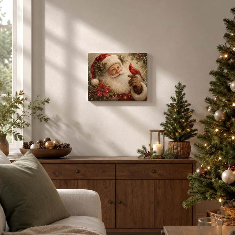 Funny Santa Cardinal Wall Art Christmas Canvas Print Framed 8 x 10 Inch Classic Santa Holding a Red Cardinal with Poinsettias, Traditional Holiday Decor for Living Room Bedroom Entryway