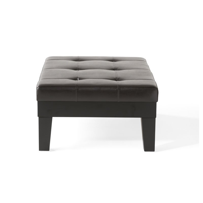 Repose-pieds de rangement CHATHAM avec tiroir coulissant, finition en cuir polyuréthane café foncé, pieds carrés en bois franc fuselé