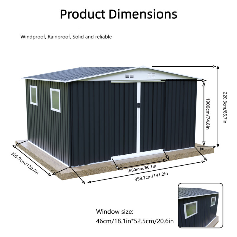 Remise de jardin 12 po x 10 pi en alliage d'aluminium gris Apex avec 4 fenêtres, peu d'entretien, facile à assembler pour le rangement extérieur