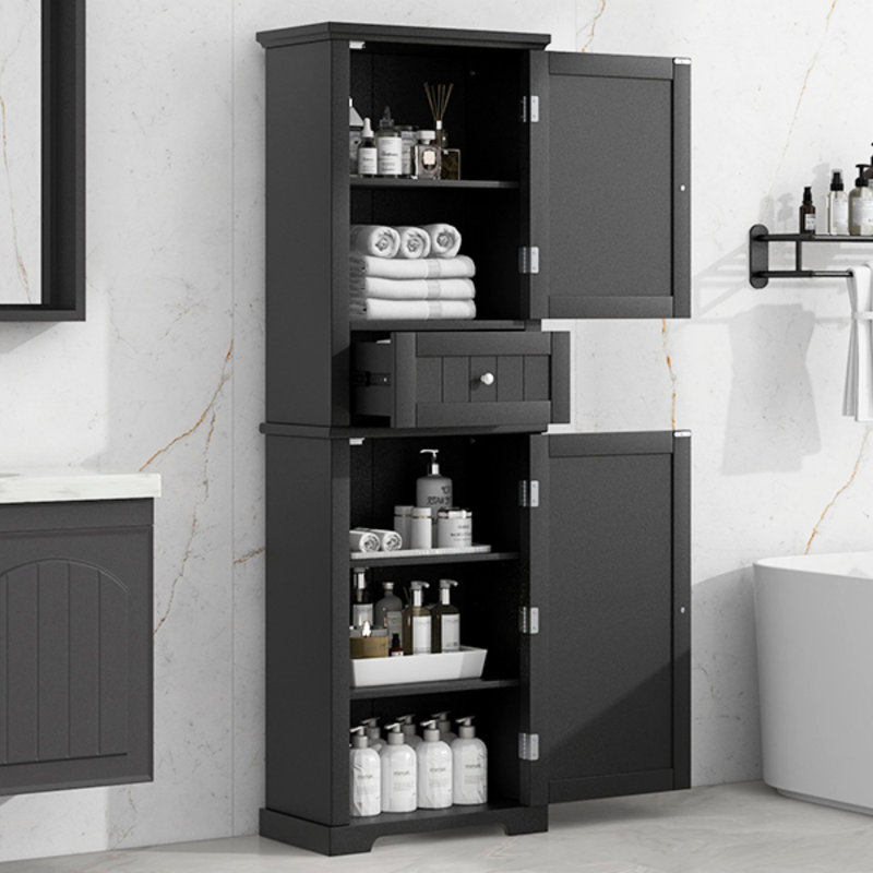 Grande armoire de rangement pour salle de bain, armoire de rangement autoportante avec tiroir et tablette réglable, panneau de fibres à densité moyenne avec finition peinte, rangement pour salle de bain