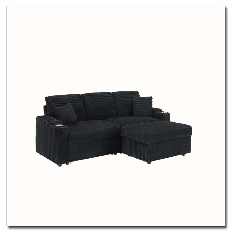 Canapé-lit 80 po en velours côtelé pliable avec porte-gobelet et coussin, Noir