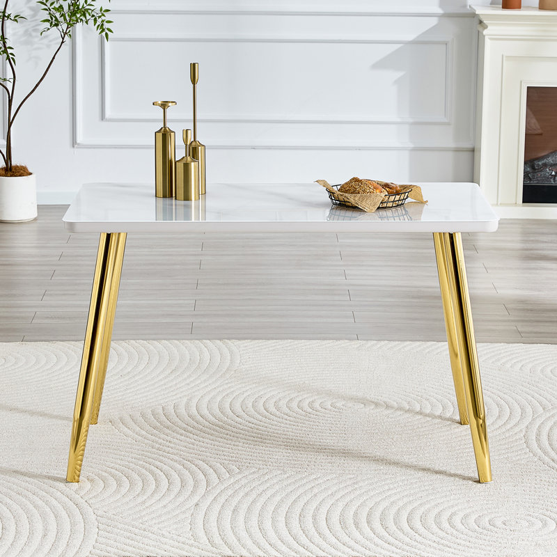 Table de salle à manger moderne et minimaliste moderne, convenant à 4 à 6 personnes, avec texture imitation marbre et pieds en métal doré