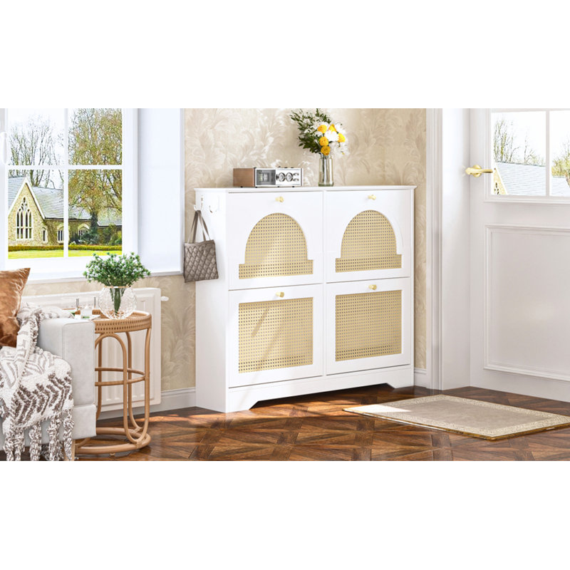 Armoire à chaussures Mid-Century Rattan, Blanc