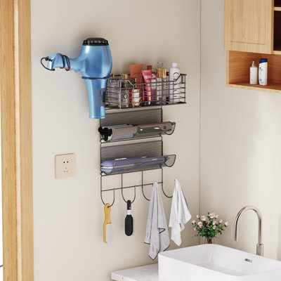 Support mural en métal pour organisateur d'outils pour cheveux, support pour sèche-cheveux avec 3 crochets de panier à tablette, organisateur de coiffeur pour fer à friser / séchoir à cheveux / lisseur, noir mat