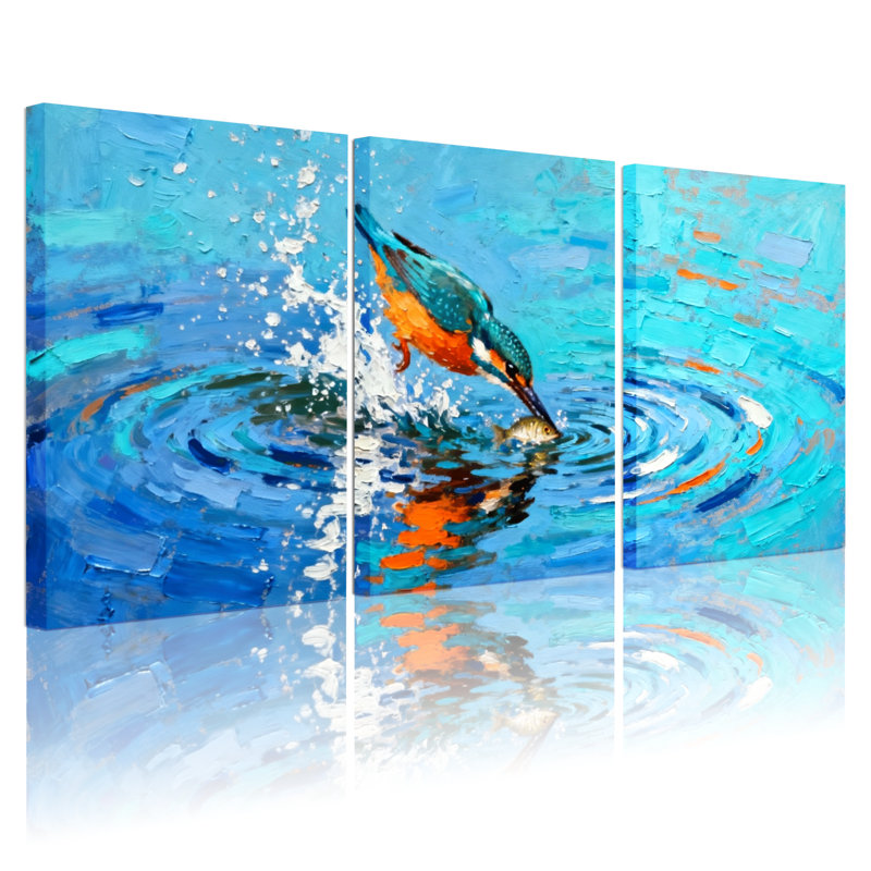Oiseaux martin-pêcheur plongeant dans l'eau avec ensemble de 3 impressions sur toile, H 30 po x l 60 po
