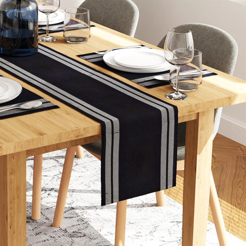 Table Runner and Placemats Set 6 Fine Ribbed Cotton Ladder Black 1 Table Runner Size 32x183 cm Each Table Mat Size 48x32 cm