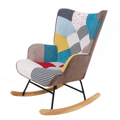 Accent Rocking Chair,Mid Century Fabric Rocker Chair With Wood Legs And Patchwork Linen For Living Room,Bedroom