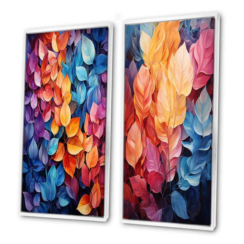 «Colorful Leaf Dreamscape», ensemble d'art mural sur toile à feuilles, Cadre blanc, H 40 po x l 41 po