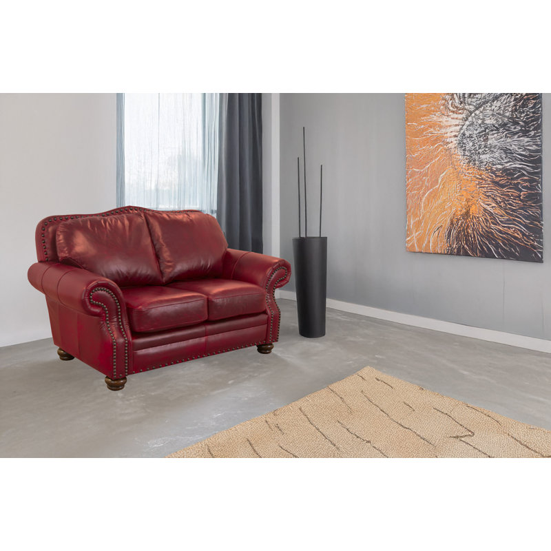 Somto 73" Genuine Leather Rolled Arm Loveseat, Brompton Deep Red Genuine Leather