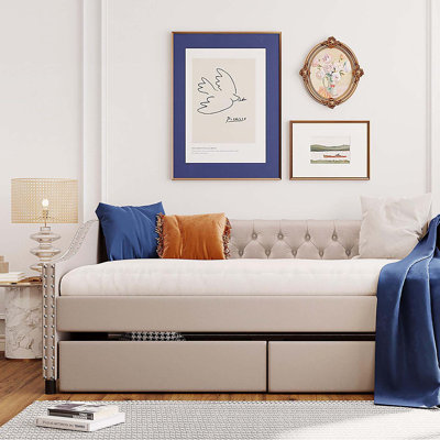 Upholstered daybed with Two Drawers, Wood Slat Support, Beige, Full Size