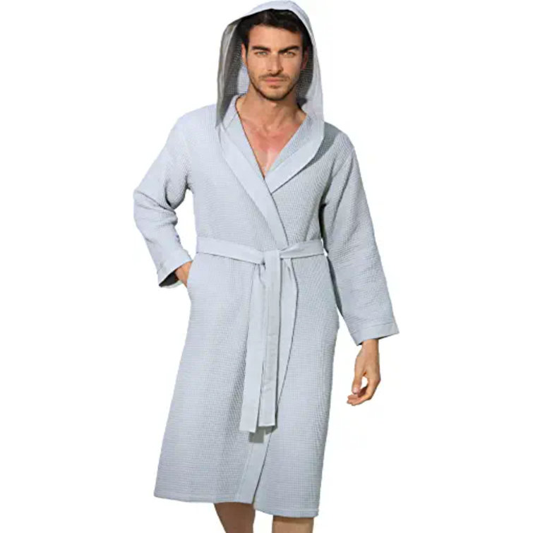 Men's Hooded Robe, Turkish Cotton Terry Hooded Spa Gray Bathrobe