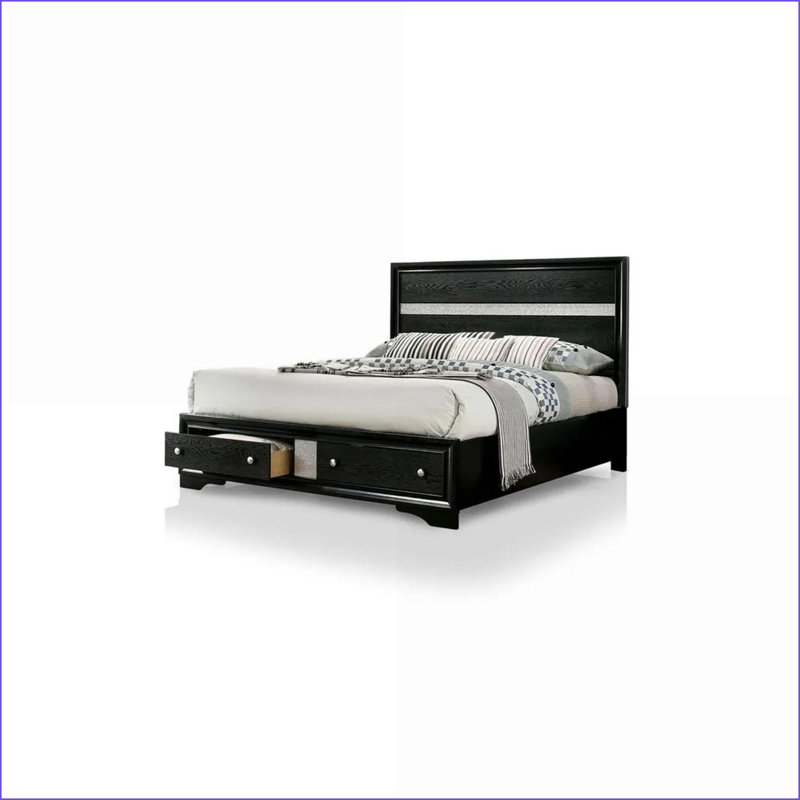 Grand lit avec rangement et tête de lit à panneau noir contemporain avec tiroirs de pied de lit pour la chambre à coucher
