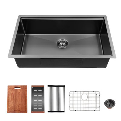 Évier de cuisine de coin encastré à simple cuve de calibre 16 de 28 po x l 18 po avec accessoires en acier inoxydable noir