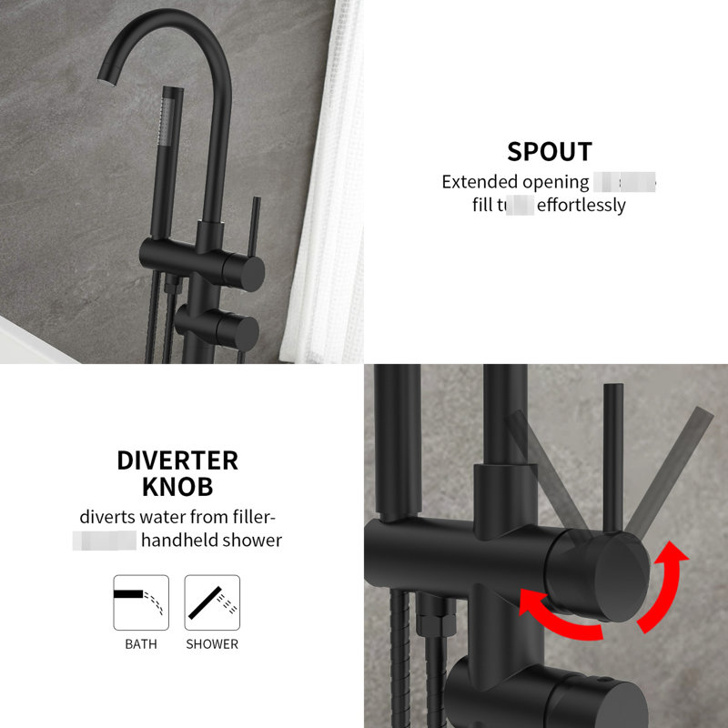 Solid Brass Floor Mount Tub Filler - Matte Black With Handheld Shower Function Mounted Bathtub Faucet Attachment, Matte Black
