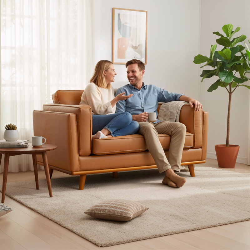 Verona Leather Couch, Leather Loveseat Sofa for Living Room, Leather Office Couch, Solid Wood Accent, Tan