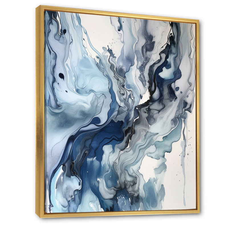 Bleu et gris Elixir éthéré II - art mural abstrait, Doré, H 32 po x l 24 po, Reproduction avec cadre flottant