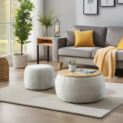 Repose-pieds rond avec rangement, fonction 2 en 1, comme table de bout et repose-pieds, avec petit siège (25 po x 25 po x 14,7 po)
