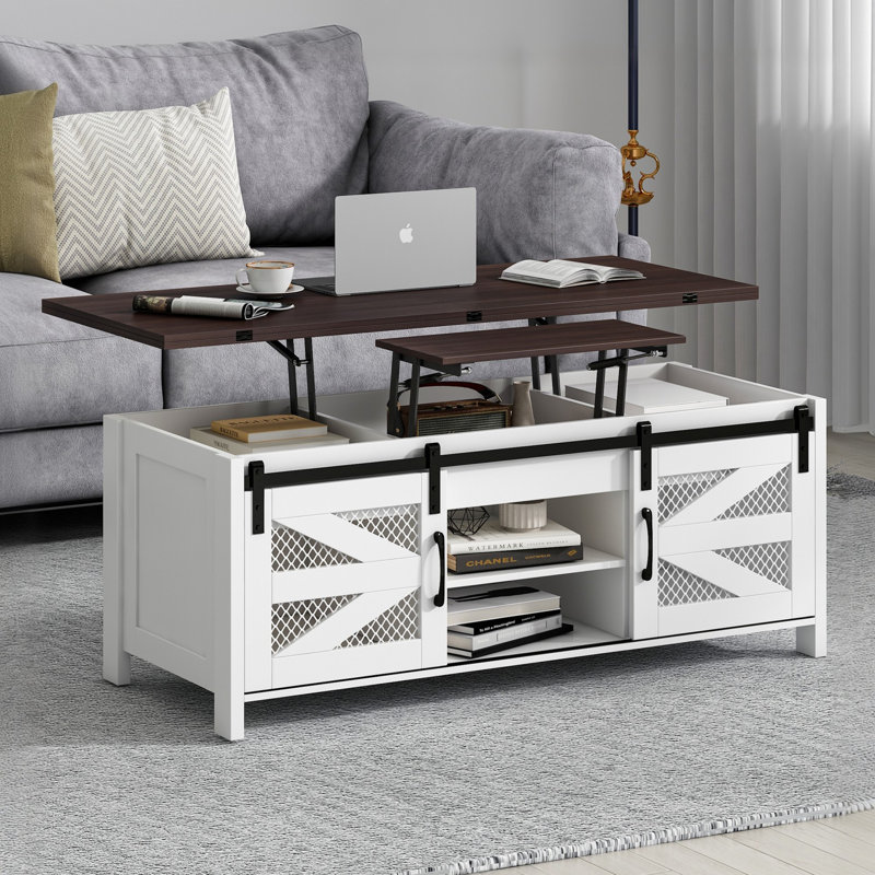 Table basse à plateau relevable avec rangement Norinue Farmhouse, Brun / Blanc