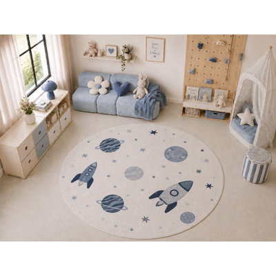 Tapis rond « Ultra Fin » 183 x 183 cm, motif fusées et planètes, doux et léger, idéal pour la chambre d'enfant, la crèche, la salle de jeux, le salon et la décoration intérieure.