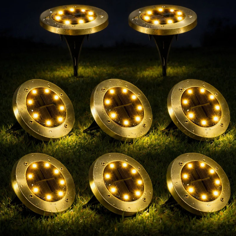 Low Voltage Solar Ground Lights 8 LED Garden Waterproof Disk Light Outdoor Pathway Metal Well Light, Yellow