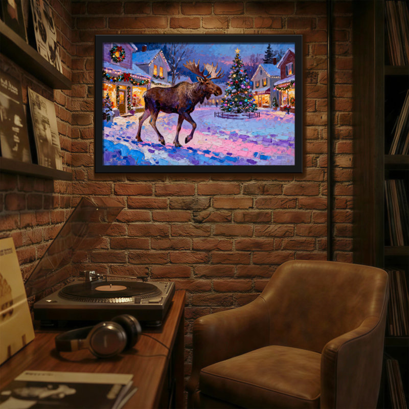 Orignal de Noël se promenant dans la ville de Noël, H 16 po x l 24 po