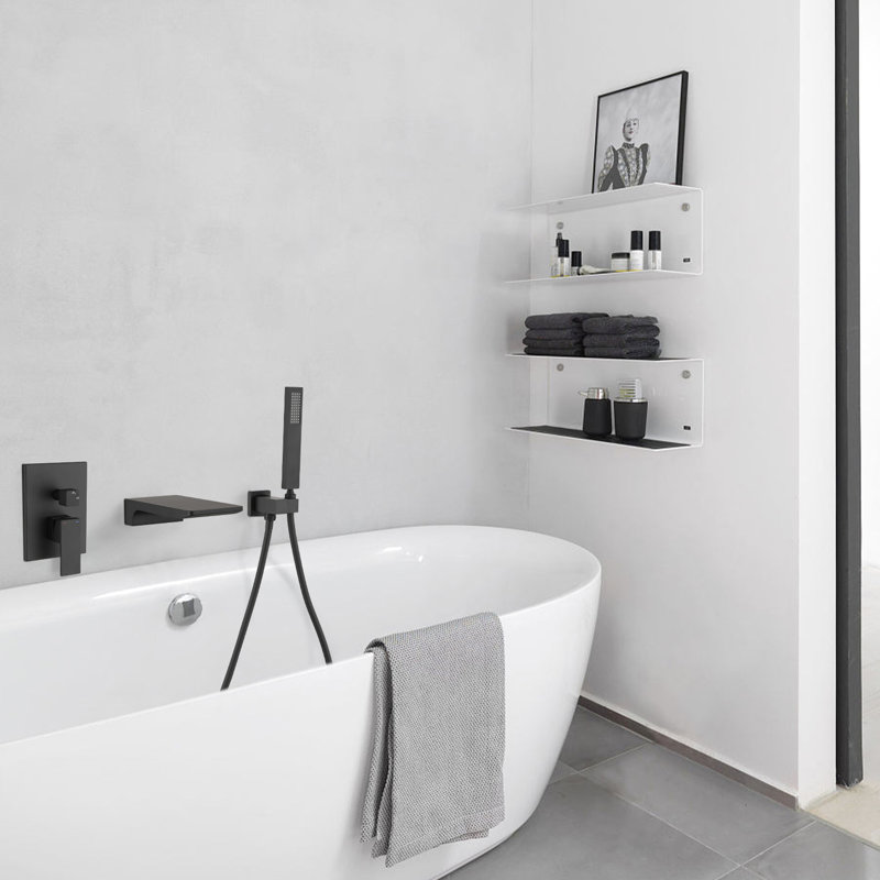Matte Black Wall Mount Tub Filler Bathroom Shower , 59" Hose Handheld Shower, - Balanced Valve For Safe Bathing Bathtub Faucet In Modern Style, Finish, With And Waterfall Spout