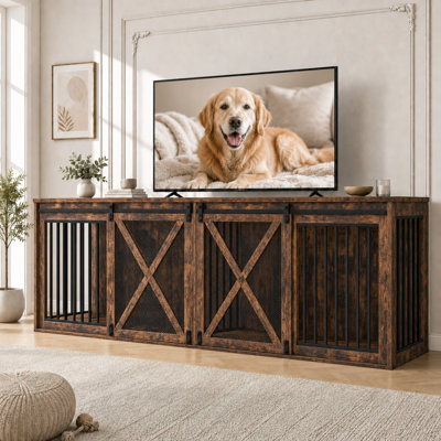 Meuble télé 94,5 pouces avec caisson pour chien et support pour chien de ferme de 35,4 po d'épaisseur avec diviseur pour 2 grands chiens, brun rustique
