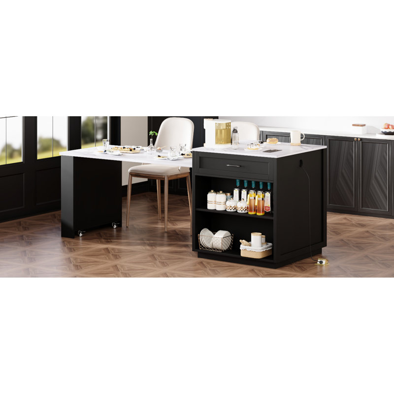 Îlot de cuisine noir moderne avec salle à manger extensible, double rangement, 2 tiroirs, prises de courant, table de salle à manger en faux marbre pour 4-6 personnes, comptoir, prise de courant, base