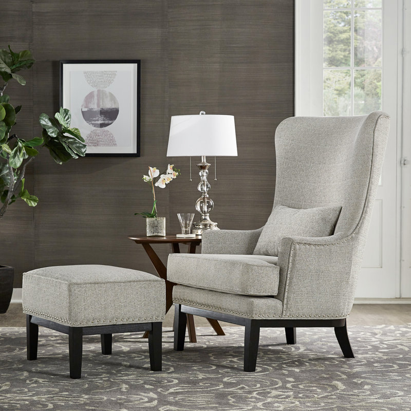 Fauteuil à oreilles et repose-pieds en lin Caistance 77,47 cm de large, Mélange de polyester gris