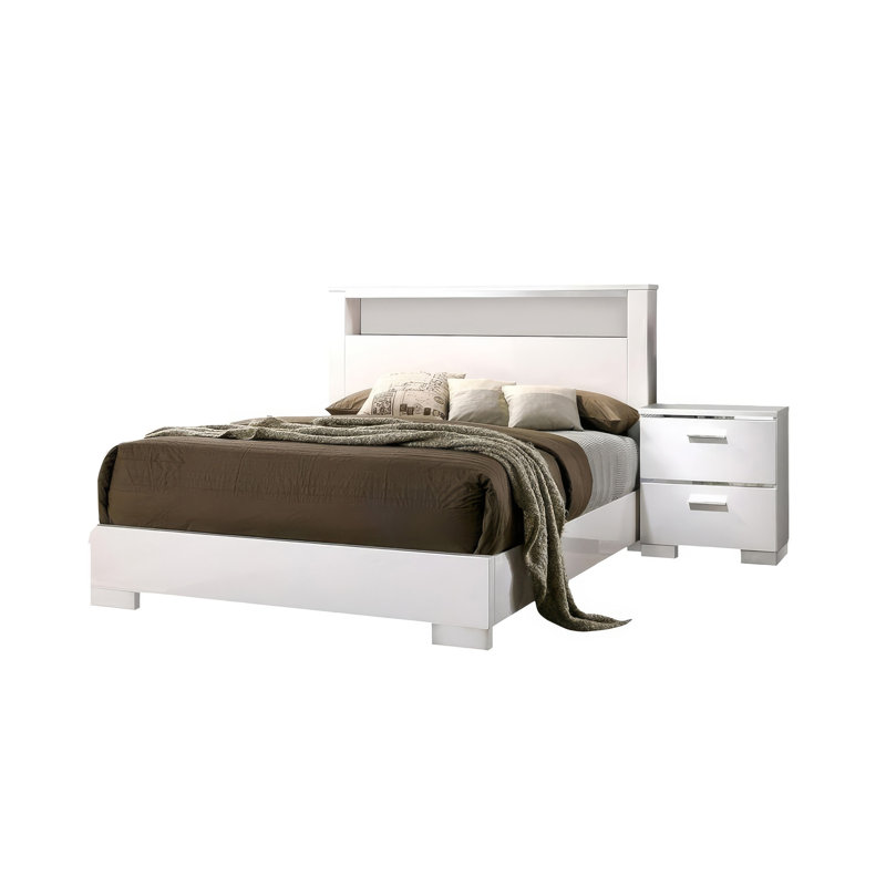 Ensemble de chambre à coucher pour grand lit 4 pièces Aman, tête de lit à DEL avec tablette, bois blanc